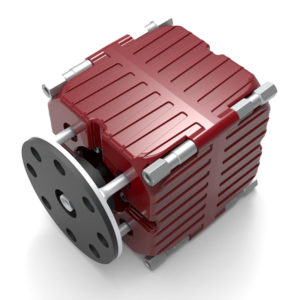 MOVER linear transducer: red finned housing with a round mounting plate
