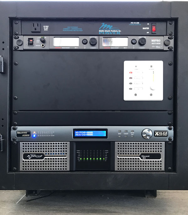 Stadium rack with a Powersoft Ottocanali 8K4 amplifier, a Xilica Neutrino processor and a MIPRO receiver