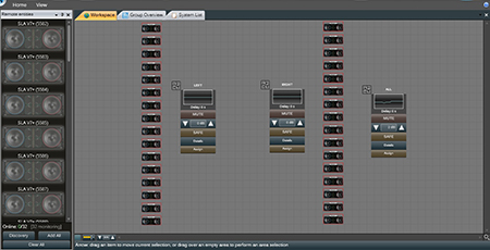 Armonía workspace screenshot: STS SLA V7+ loudspeakers in left, right and all groups