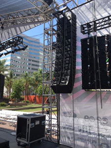 BOSE ShowMatch line array flown from the stage truss at Pershing Square, Los Angeles