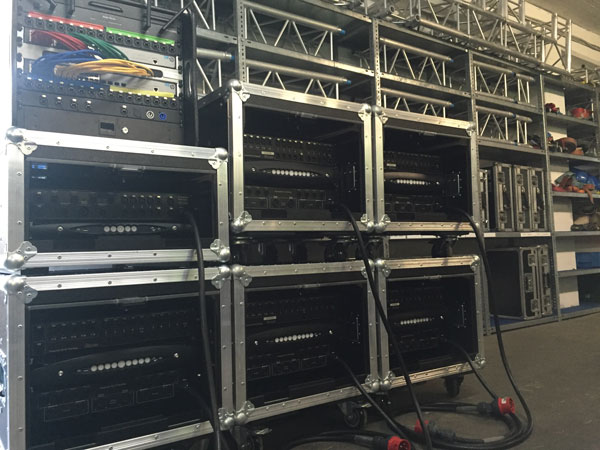 Stacked rack cases with Powersoft X Series amplifiers and patch panels for Bardentreffen