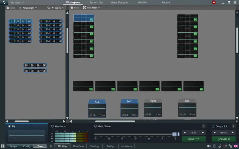 ArmoníaPlus Tune view with the channel strip: EQ, headroom, gain and mute, delay and polarity