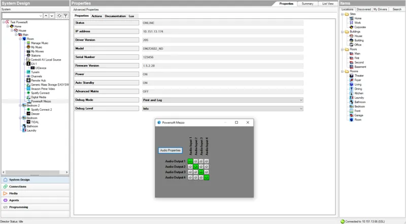 Control4 software with the Powersoft Mezzo driver: properties panel and 4x4 audio routing matrix