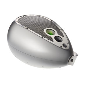 Deva unit seen from above: silver rounded enclosure with speaker grille and camera