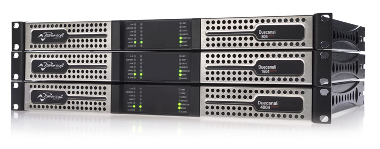 Amplificatori Duecanali 804, 1604 e 4804 DSP+D impilati, vista frontale angolata