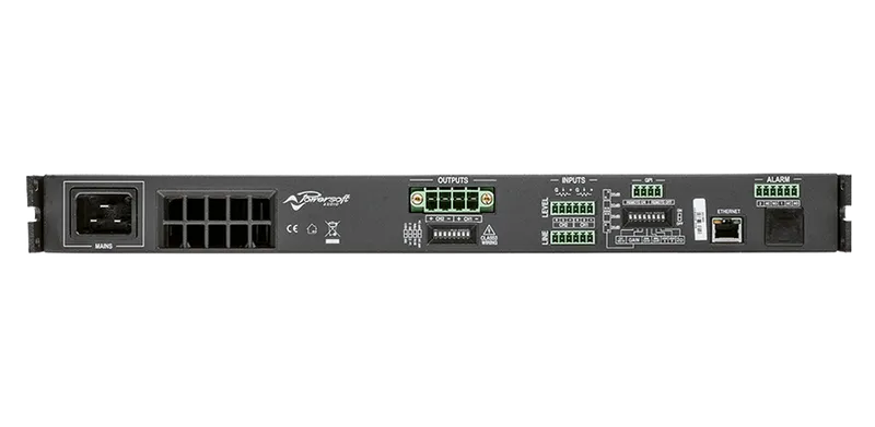 Duecanali amplifier, rear panel: mains inlet, output and input terminal blocks, GPI, Ethernet and alarm