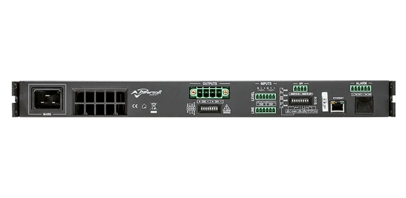 Duecanali amplifier, rear panel: mains inlet, output and input terminal blocks, GPI, Ethernet and alarm