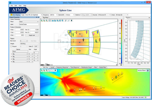 AFMG EASE Focus 2 screenshot of a line array simulation, with a Readers' Choice Awards 2013 badge