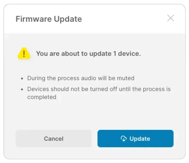 MyUniverso Firmware Update dialog: audio is muted and devices must stay on during the update
