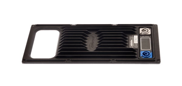 Heatsink Medium: black finned plate with a rectangular opening and two power connectors