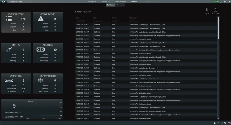 HealthPlus dashboard in ArmoníaPlus: event history and summary panels for inputs, speakers, amplifiers and mains