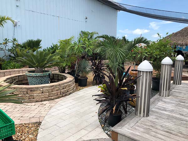 Paved garden patio with potted palms and striped cylindrical bollards on a wooden deck