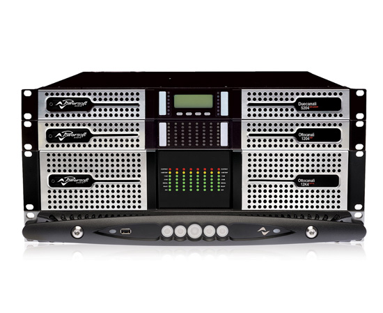 Powersoft install amplifiers stacked: Duecanali 5204, Ottocanali 1204 and Ottocanali 12K4 above an X Series unit