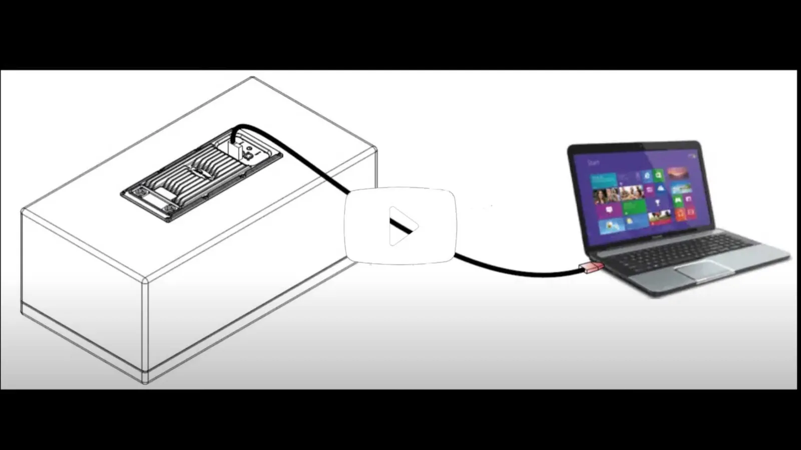 Disegno di un cabinet con un modulo amplificatore sulla parte superiore, collegato a un portatile, con pulsante play