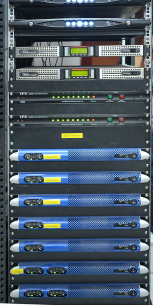 Jinguan Theatre rack with Powersoft X4 and Duecanali amplifiers and blue M Series amplifiers