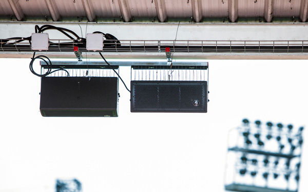 Two D.A.S. loudspeakers hung under the stand roof at Stade Ernest-Wallon, Toulouse