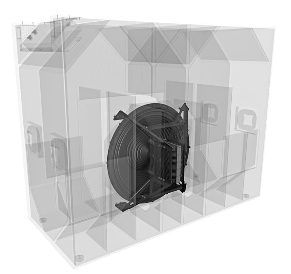 MAG THOR cinema subwoofer, transparent render showing the M-Force transducer and internal panels
