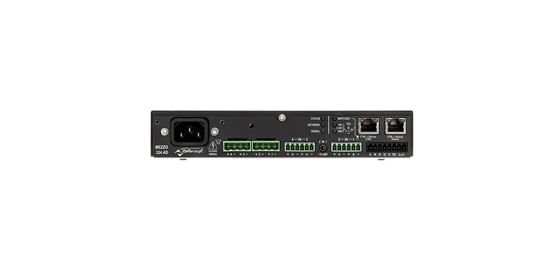 Mezzo 324 AD amplifier, rear panel with mains inlet, terminal blocks and two Ethernet ports