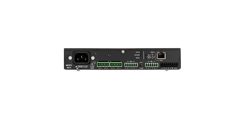 Mezzo 604 A amplifier, rear panel with mains inlet, terminal blocks and one Ethernet port