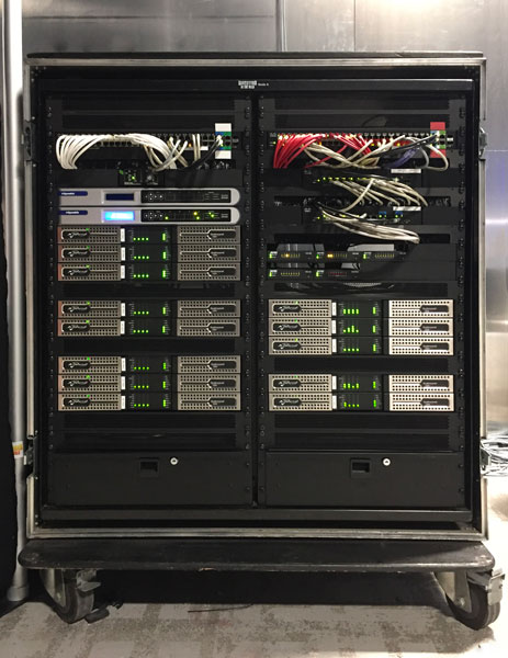 Audio network node rack with Powersoft Quattrocanali amplifiers, network switches and processors