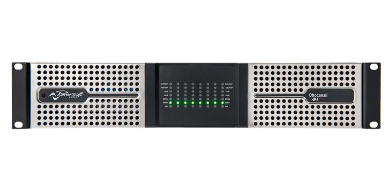 Ottocanali 4K4 DSP+D amplifier, front view with channel LEDs