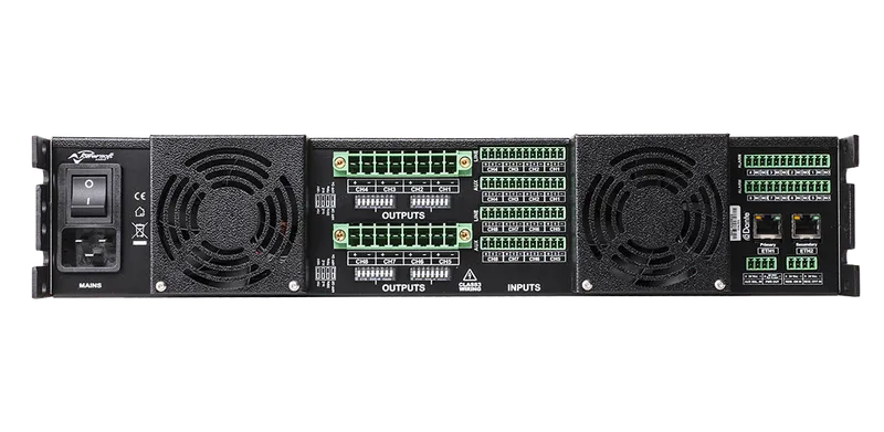 Ottocanali DSP+D amplifier, rear panel: mains inlet, two fans, Euroblock inputs and outputs, Dante network ports