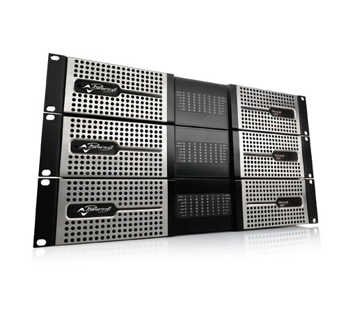 Three Powersoft Ottocanali amplifiers stacked, front view
