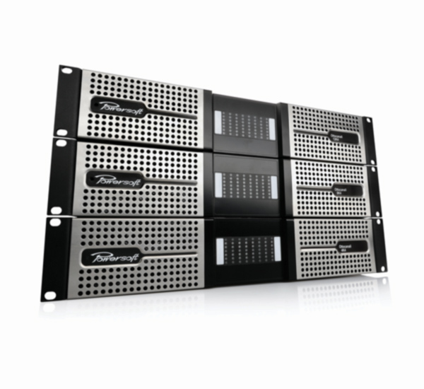 Three Ottocanali amplifiers stacked, front panels with channel meters