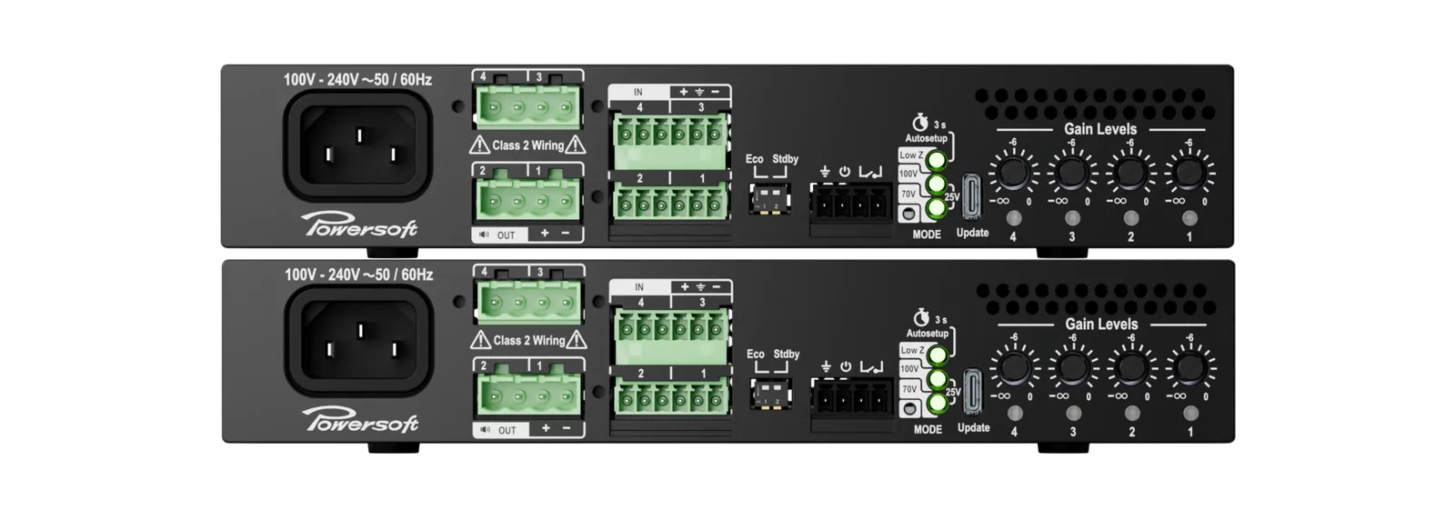 Two PRIMA amplifiers, rear panels: mains inlet, 4 outputs, 4 inputs, Eco/Stdby switches, 4 gain controls