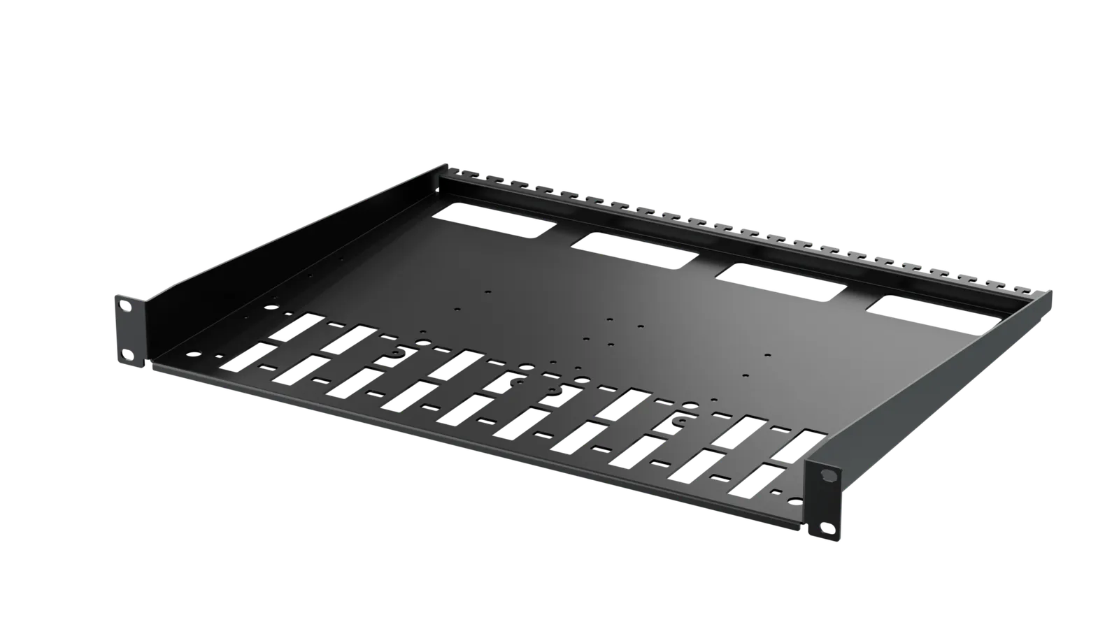 PRIMA rack tray: black rack-mount shelf with slotted base