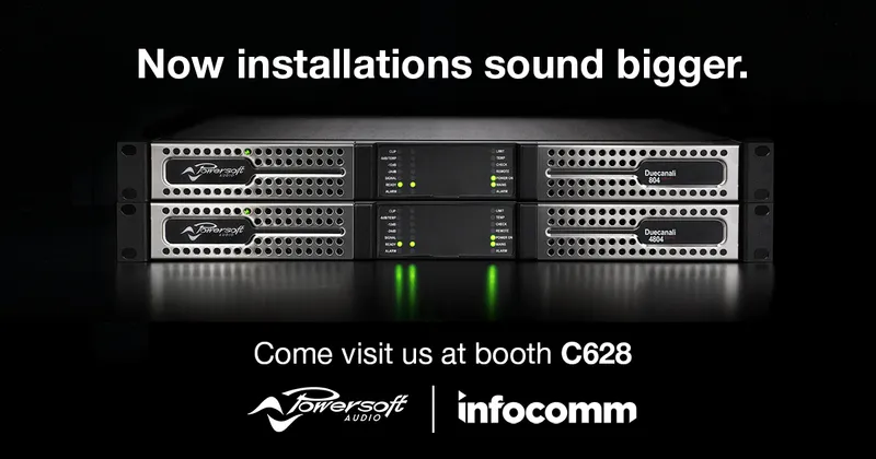 InfoComm ad: Duecanali 804 and 4804 amplifiers, text Now installations sound bigger, booth C628