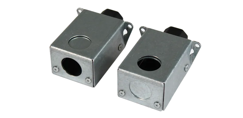 Plenum Mount AC Adapter: two metal enclosures with cable entry holes