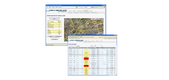 Due pagine web di PowerTr@ck: informazioni in tempo reale accanto a una mappa satellitare e tabella della flotta