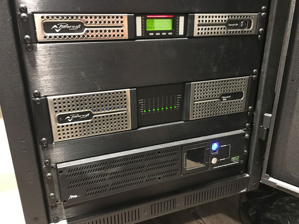 Church rack with a Powersoft Duecanali amplifier and an Ottocanali 4K4 amplifier