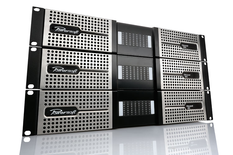 Powersoft Ottocanali 12K4, 8K4 and 4K4 amplifiers stacked, front view