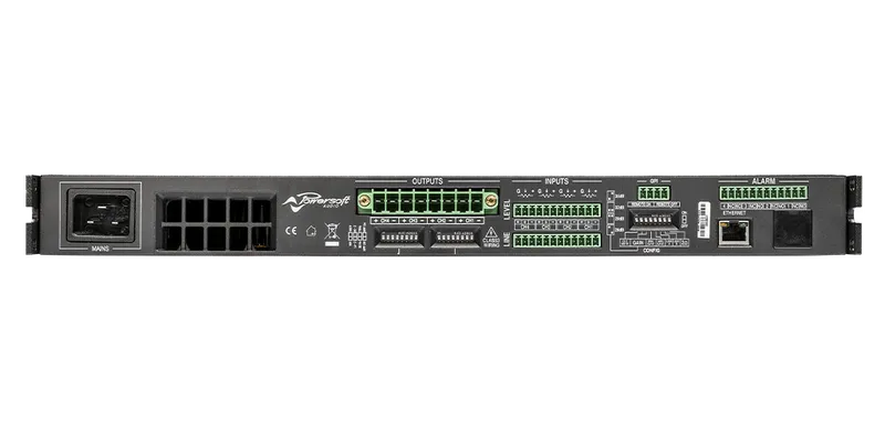 Quattrocanali amplifier, rear panel: mains inlet, Euroblock inputs and outputs, Ethernet port