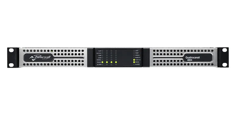 Quattrocanali 4804 amplifier, 1U front panel with status LEDs