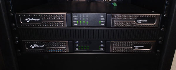 Two Powersoft Quattrocanali 1204 amplifiers mounted in a rack