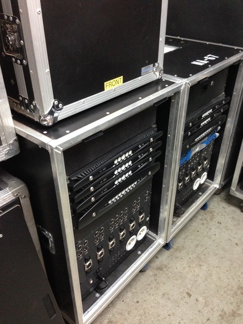 Two rack cases with Powersoft X Series amplifiers and connector panels