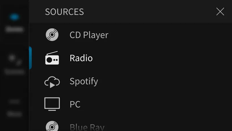 WM Touch Sources menu: CD Player, Radio, Spotify, PC and Blue Ray