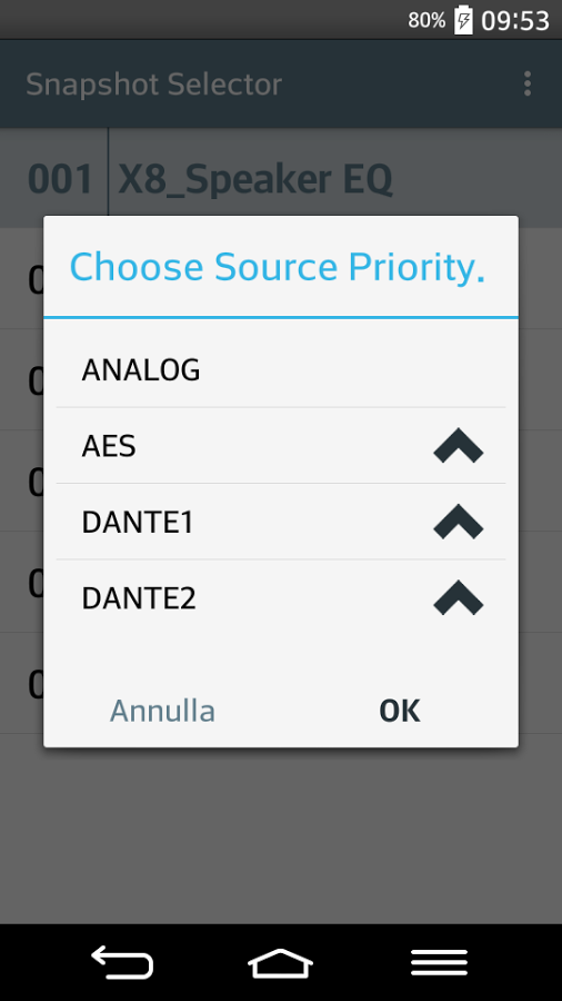 Snapshot Selector Choose Source Priority dialog: Analog, AES, Dante1 and Dante2