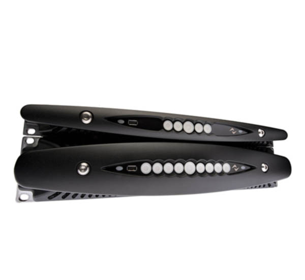 X Series amplifiers: a 1U X4 stacked on a 2U X8, front panels