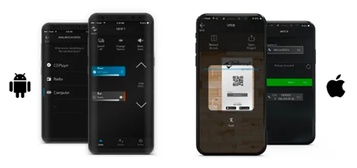 Sys Control App su quattro smartphone: sorgenti, zone e apertura del progetto con codice QR; loghi Android e Apple