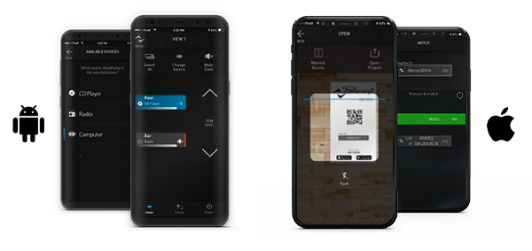 Quattro schermate dell'app Sys Control (sorgenti, livelli delle zone, scansione QR del progetto) con i loghi Android e Apple