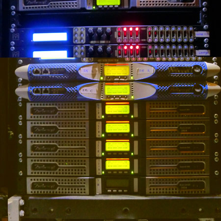 Equipment rack for the main club at Blowfish, with processors and several Powersoft amplifiers