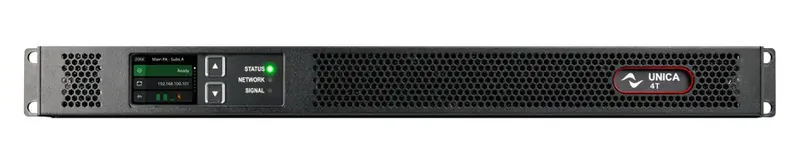 UNICA 4T amplifier, front panel with display and status, network and signal LEDs