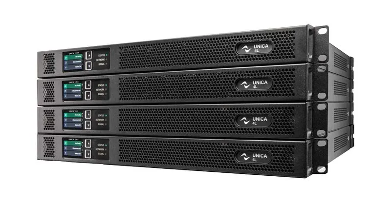Four UNICA 4L amplifiers stacked, front panels with display and status LEDs