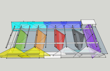 Computer model of the arena's loudspeaker coverage, with each zone shown in a different color