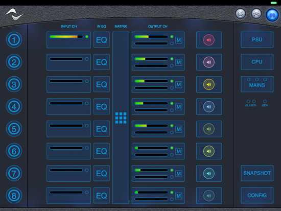 X Series control panel with eight input and output channels, EQ, matrix and PSU, CPU and MAINS buttons