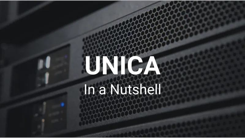 Video thumbnail: UNICA In a Nutshell, over a close-up of rack-mounted amplifiers